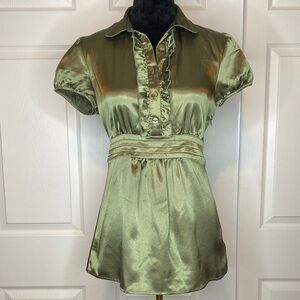 Vintage Y2K Speechless Olive Green Satin Short-Sleeve Back Tie Ruffle Blouse